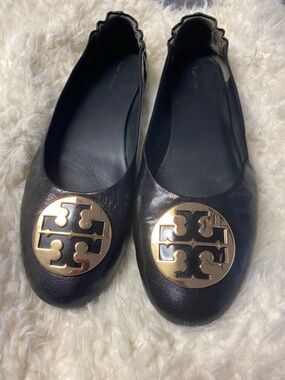 Tory Burch Black Leather Ballet Flats with Gold Logo Discs